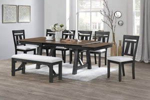 English Elm 8pc Cottage Solid Wood Extendable Trestle Dining Set with Upholstered Chairs and Bench B011S01672