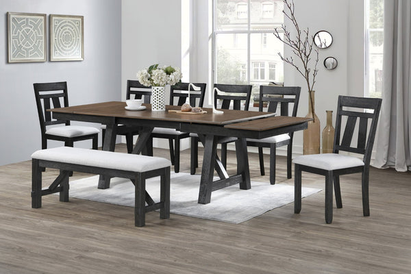 English Elm 6pc Cottage Solid Wood Extendable Dining Set with Upholstered Chairs Bench Trestle Base B011S01671