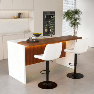 English Elm 63" Modern Kitchen Island Set With 2 Beige Bar Stools, White Marble Look, Led Lighting & Grill Design W2699S00074