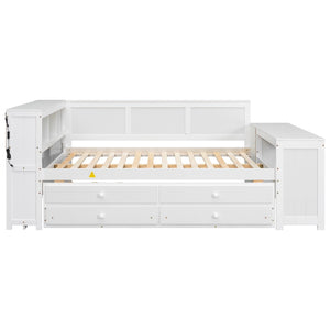 English Elm Full Size Pine Wood Platform Daybed with Led Headboard Desk Storage and Charging White N7090000475K-1