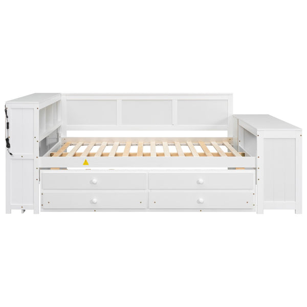 English Elm Full Size Pine Wood Platform Daybed with Led Headboard Desk Storage and Charging White N7090000475K-1