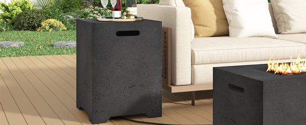 English Elm U_style Outdoor Mgo Propane Tank Cover Table Fluted Stone Finish Patio Side Accent Black N711P410561B