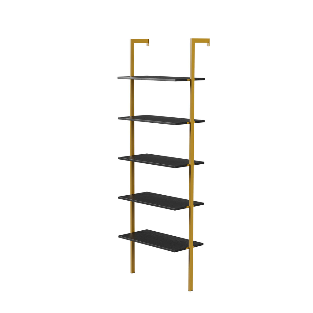 English Elm Industrial Ladder 5-Tier Wall-Mount Bookshelf with Metal Frame, MDF Shelves, Space-Saving Vertical Storage, Black/Golden Finish W578P357543
