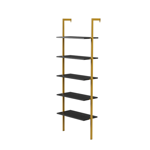 English Elm Industrial Ladder 5-Tier Wall-Mount Bookshelf with Metal Frame, MDF Shelves, Space-Saving Vertical Storage, Black/Golden Finish W578P357543