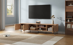 English Elm 78 Inch Low Profile Media Console with Pine Legs Soft Close Doors for Living Room N710P429513P