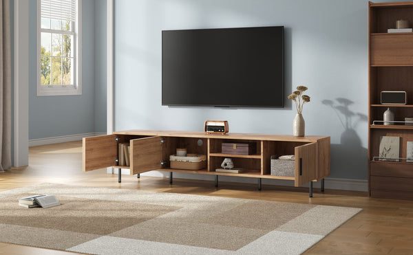English Elm 78 Inch Low Profile Media Console with Pine Legs Soft Close Doors for Living Room N710P429513P