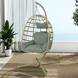 English Elm Egg Hanging Chair with Stand Pe Rattan Swing Seat Washable Cushion Patio Bedroom T5880P497437