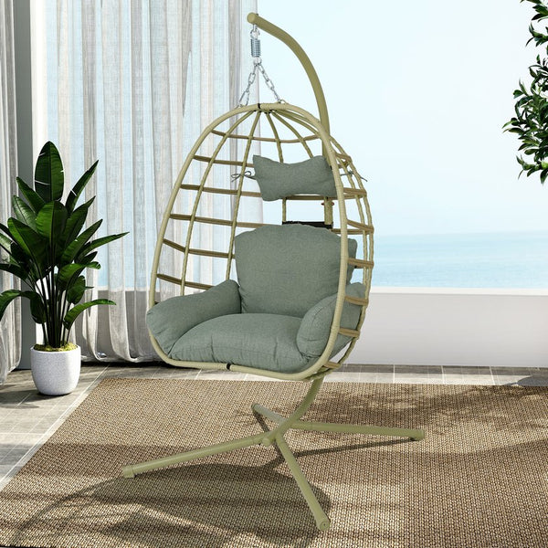 English Elm Egg Hanging Chair with Stand Pe Rattan Swing Seat Washable Cushion Patio Bedroom T5880P497437
