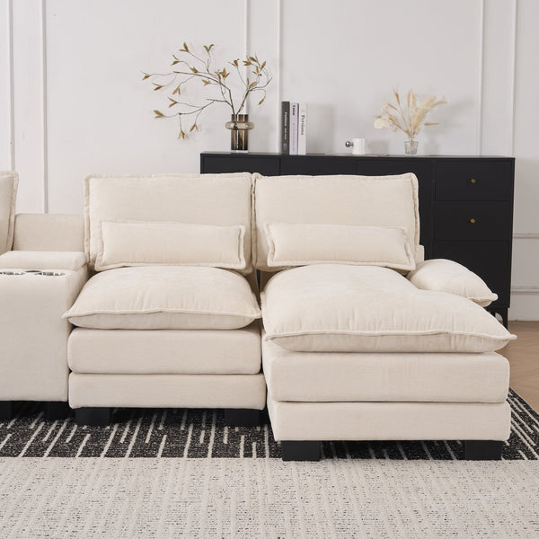 English Elm Modern U-shaped sofa with console, cupholders & USB ports — 6-seat sleeper with double chaise, chenille comfort W3401S00001