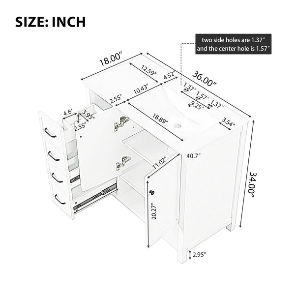 English Elm 36" Freestanding Bathroom Vanity Solid Wood Mdf Cabinet Ceramic Undermount Sink Open Shelf Grey N725P364203E