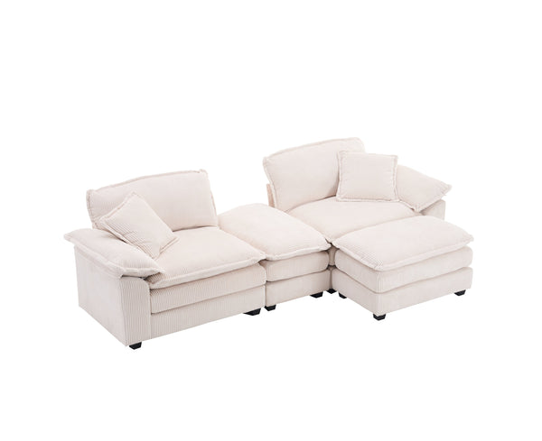 English Elm Corduroy Plush 2-Seat Sofa with 2 Back Cushions, Toss Pillows & Ottomans — Deep Seat Comfort White W2363S00062