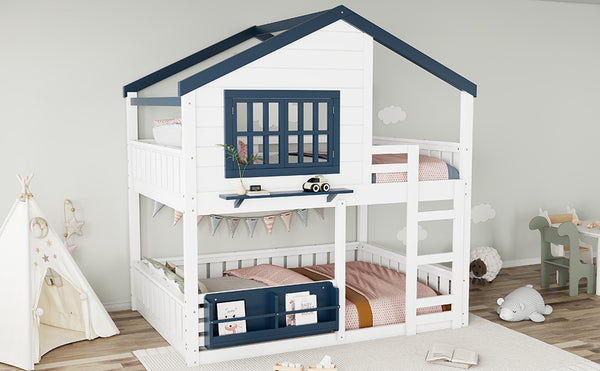 English Elm Full Bunk Bed with Trundle Bookshelf Storage Pine Frame Car Design for Kids White W1580S00552
