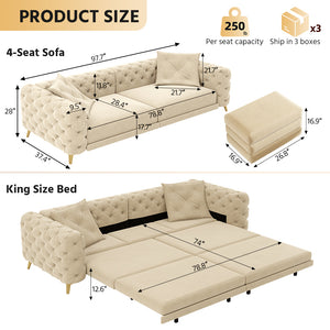 English Elm 97.6" Oversized Velvet Chesterfield Sleeper Sofa Floral Tufted Roll Arm Living Room Couch Apricot W1885S00298