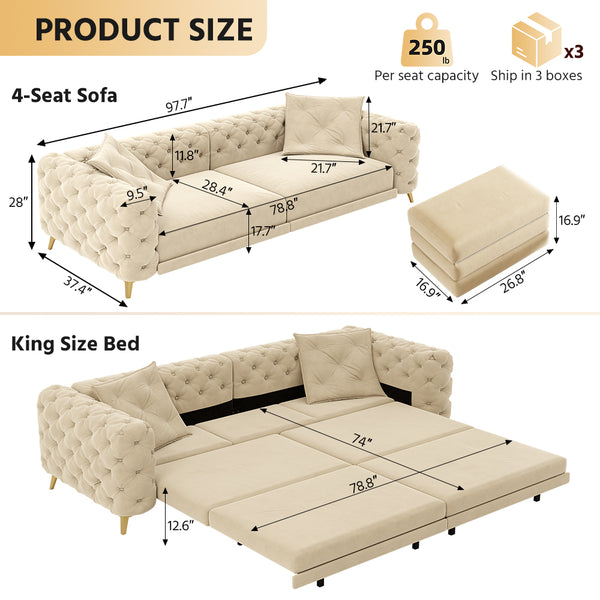 English Elm 97.6" Oversized Velvet Chesterfield Sleeper Sofa Floral Tufted Roll Arm Living Room Couch Apricot W1885S00298