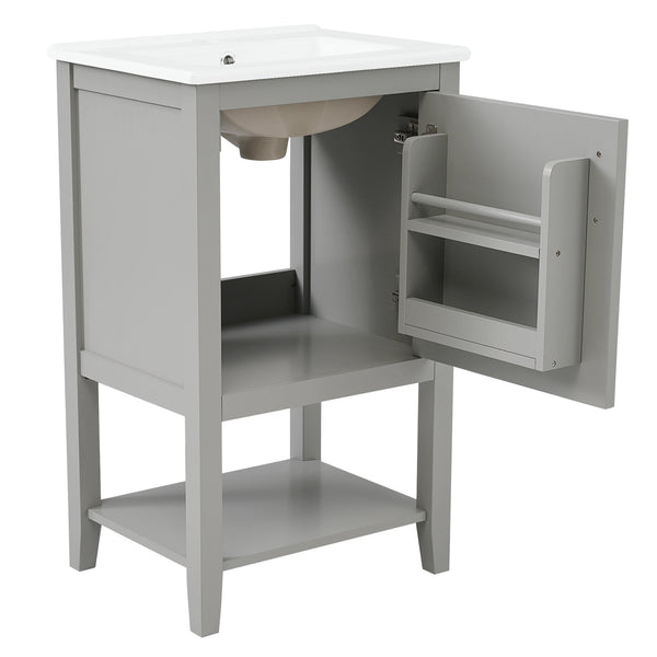English Elm 20" Matte Freestanding Bathroom Vanity Rubberwood Cabinet Ceramic Sink Open Shelf Grey N725P391115E