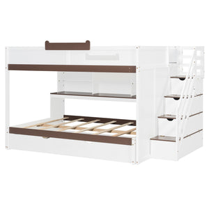 English Elm House-shaped Pine Bunk Bed with Built-in Slide Storage Staircase Twin Over Full Kids Frame White N820S00067K