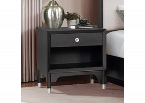 English Elm Mid-century Modern Nightstand Matte Black Acacia Wood Usb Charging Tapered Legs Bedroom B2741P433341