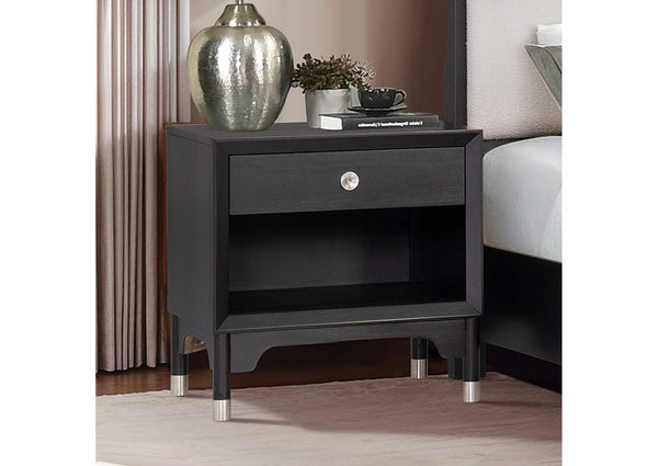 English Elm Mid-century Modern Nightstand Matte Black Acacia Wood Usb Charging Tapered Legs Bedroom B2741P433341