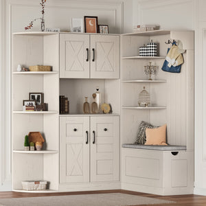 English Elm Multifunctional Modular Hall Tree Cabinet with Open Shelves and Hooks for Entryway Beige W1580S00565