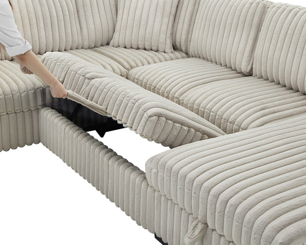 English Elm 122 Plush U-Shape Sectional Sofa Bed with USB Ports, Hidden Storage Chaise & Spacious Armrest Comfort khaki W1417S00080