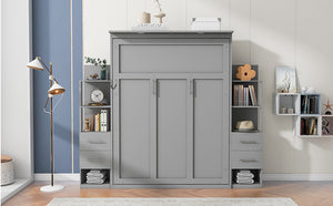 English Elm Queen Murphy Wall Bed with Led Lighting Open Shelves Drawers Space Saving Cabinet Gray LP000566AAE-3