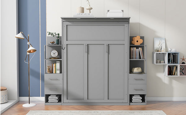English Elm Queen Murphy Wall Bed with Led Lighting Open Shelves Drawers Space Saving Cabinet Gray LP000566AAE-3