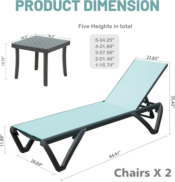 English Elm Outdoor Lounge Chair Lake Blue - Aluminum 5-Position Recliner with Wheels, Stackable, Table included W1859P225543
