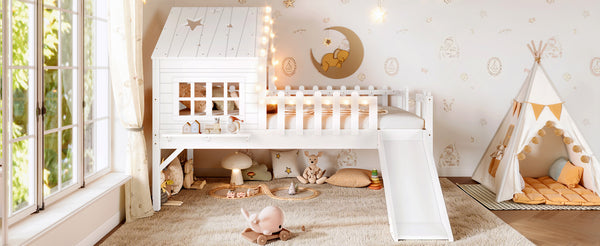 English Elm Twin Playhouse Loft Bed Solid Pine Frame with Slide Led Lights and Star Roof White W5316S00001