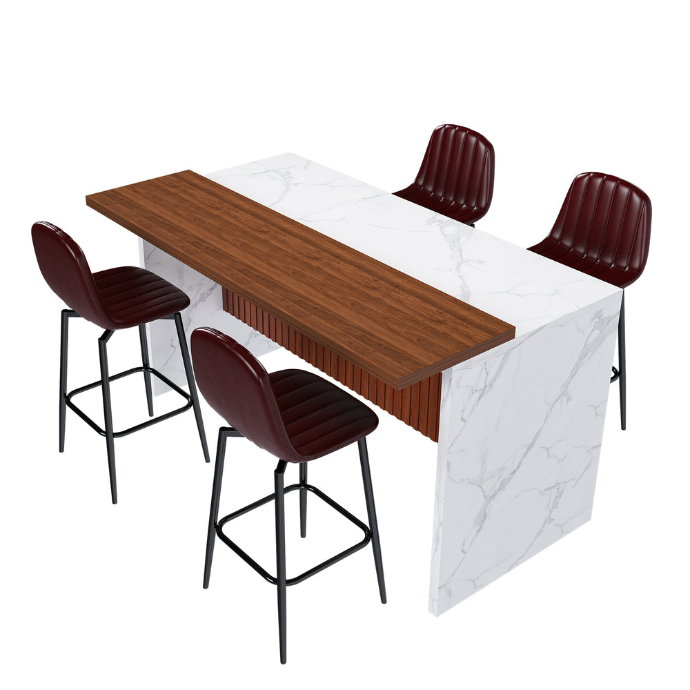 English Elm 63-Inch Modern Kitchen Island Set With 4 Dark Brown Bar Stools - Elegant Marble Surface & Led Glow W2699S00069