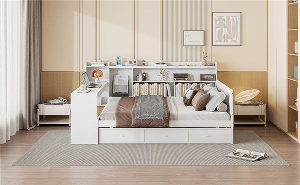 English Elm Full Size Wooden Daybed With Integrated Desk, Usb Ports, 3 Drawers & Modern White Finish N820S00018K