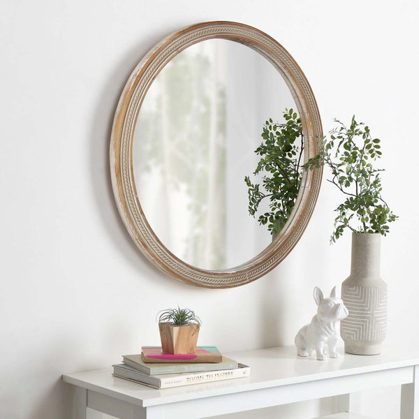 English Elm Round Rattan Textured Wall Mirror Natural Woven Frame Bohemian Accent for Any Room W2295P414108