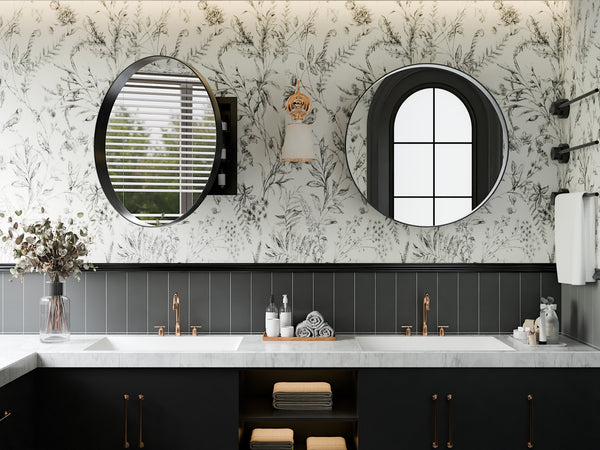 English Elm 23.6 Inch Round Matte Metal Medicine Cabinet with Mirrored Door and Adjustable Shelves Black W1435P312263