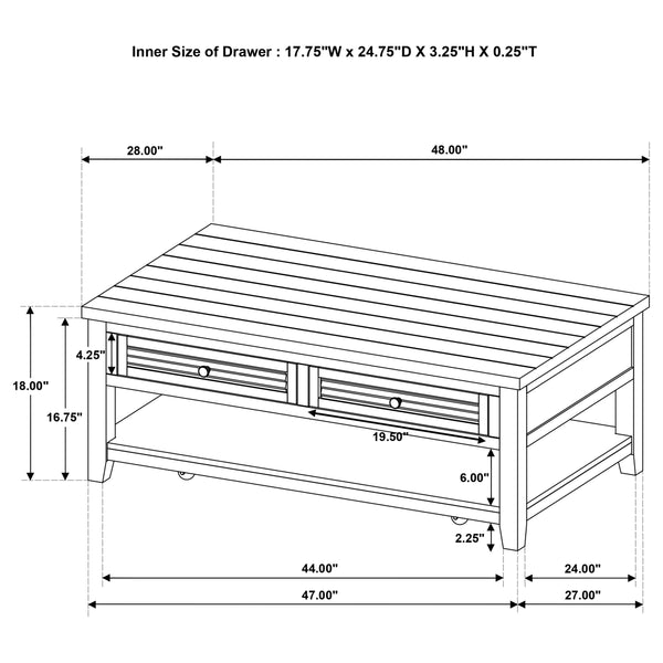 English Elm Sutter Planked Wood Coffee Table with Louvered Drawers for Farmhouse Living Rooms B062P441046