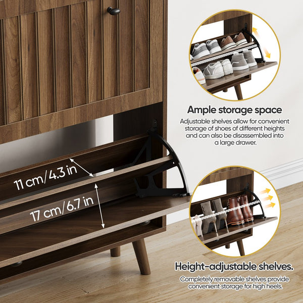 English Elm Medieval-style Walnut Tilt-out Shoe Cabinet Vertical Groove Entryway Storage Unit W1706P465293