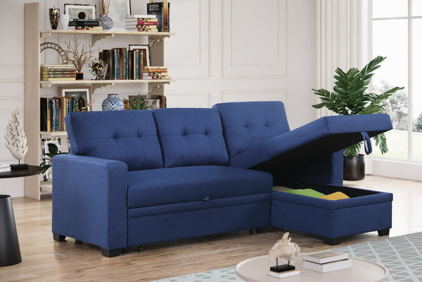 English Elm Convertible Upholstered Sectional Sofa with Pull-out Chaise Sleeper and Storage Blue B2730S00006