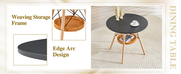 English Elm 31.5-inch Round Dining Table Solid Legs Woven Basket Storage Compact Modern Minimalist Black,Wood W1151P431132