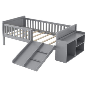 English Elm Twin Low Loft Bed for Kids with Slide Climbing Structure and Movable Bookshelf W2593P457237