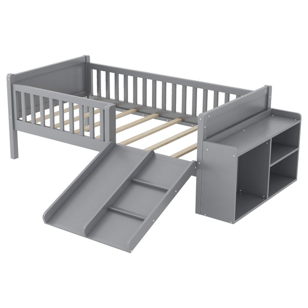 English Elm Twin Low Loft Bed for Kids with Slide Climbing Structure and Movable Bookshelf W2593P457237