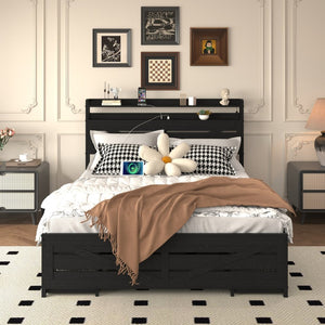 English Elm Queen-size Storage Platform Bed with Led Headboard 12 Drawers and Charging Station Black W5026P404146