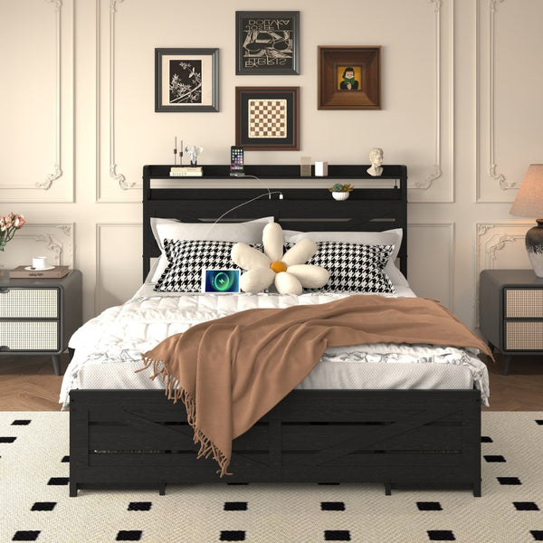 English Elm Queen-size Storage Platform Bed with Led Headboard 12 Drawers and Charging Station Black W5026P404146