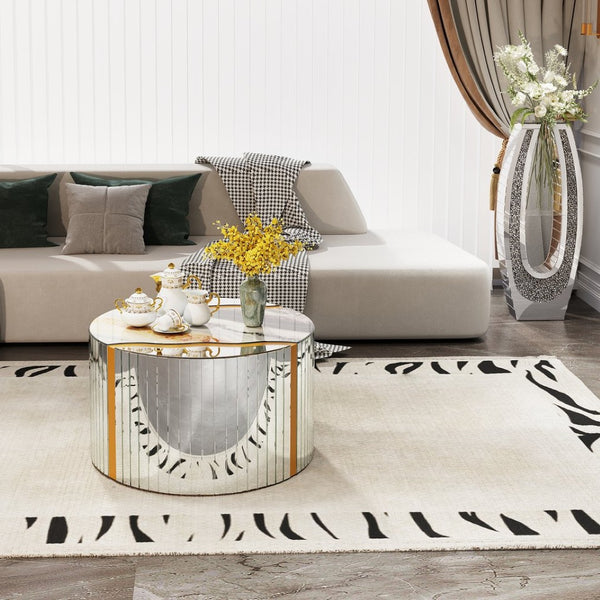 English Elm Black Round Mirrored Glass Coffee Table Gold Sunburst Glam Accent for Living Room Silver W3836P382448
