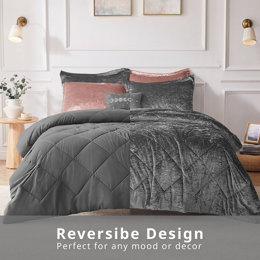 JLA Home Intelligent Design - Velvet Crushed Quilted Duvet Cover Set with Throw Pillow — Luxurious Soft Sheen, Hotel-Style Comfort Grey ID12-1793