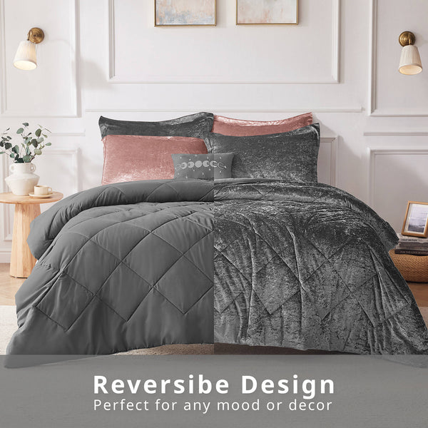 JLA Home Intelligent Design - Velvet Crushed Duvet Cover Set with Quilted Diamond Texture, Button Closure and Decorative Pillow Grey ID12-1973