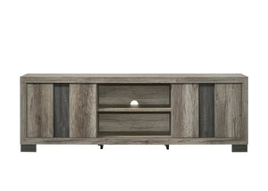 English Elm 1pc Modern Entertainment Console with Industrial Edge, Grey Wood Finish, Open Shelf & Two Drawers Brown Grey 19.69 L x 75 W x 26.38 H B2741P295455