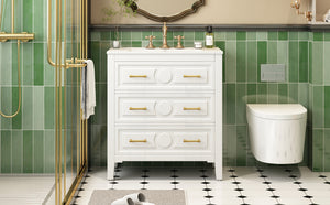 English Elm 30'' Bathroom Vanity with Ceramic Sink, Solid Wood Frame Retro Style Vanity with 3 Drawers & Gold Handles White N710P246209K