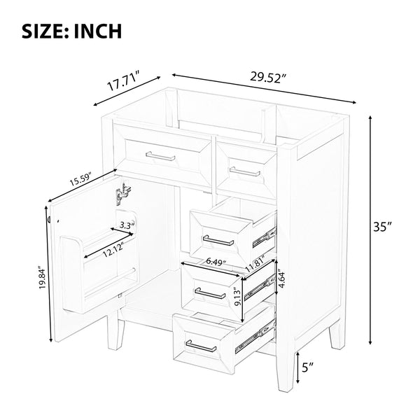 English Elm 30" Modern Bathroom Vanity Cabinet Base with 3 Drawers, Solid Frame MDF, Undermount Ready, 200lb Capacity White WF321000AAK