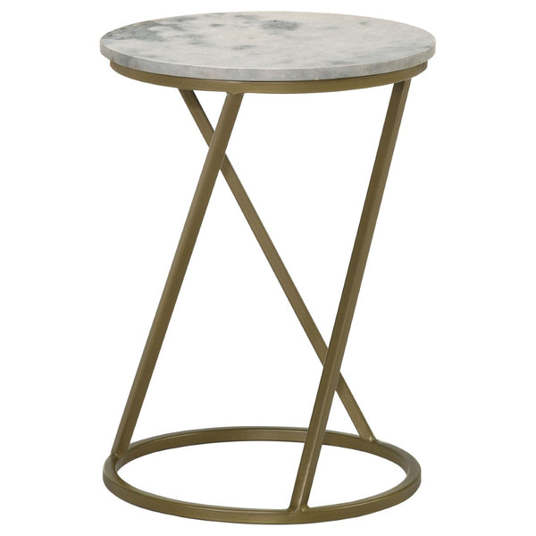 English Elm Balboa Honed Marble Round Side Table with Geometric Antique Gold Iron Base B062P447809