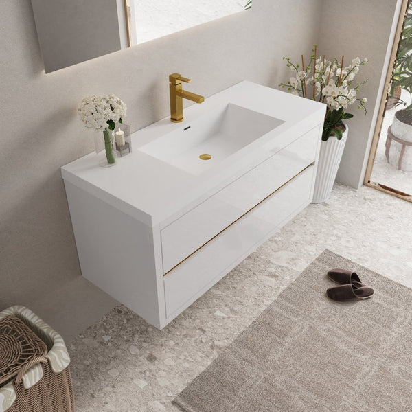 English Elm 48" Floating Bathroom Vanity Natural Oak Stone Resin Sink Soft Close Storage Cabinet W1573P211175