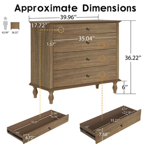 English Elm Large Antique Style 4-drawer Chest with Crown Molding Roman Legs Bedroom Storage Natural & Light Brown,Rustic Brown W1445P422421