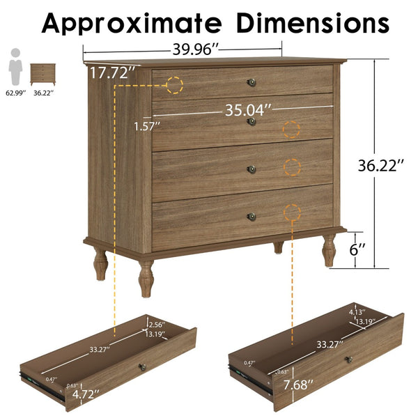 English Elm Large Antique Style 4-drawer Chest with Crown Molding Roman Legs Bedroom Storage Natural & Light Brown,Rustic Brown W1445P422421